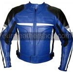 Motorcycle leather jacket in blue black white grey colour